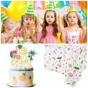 Flamingo Happy Birthday Cake Topper & Tablecloth Bundle NEW